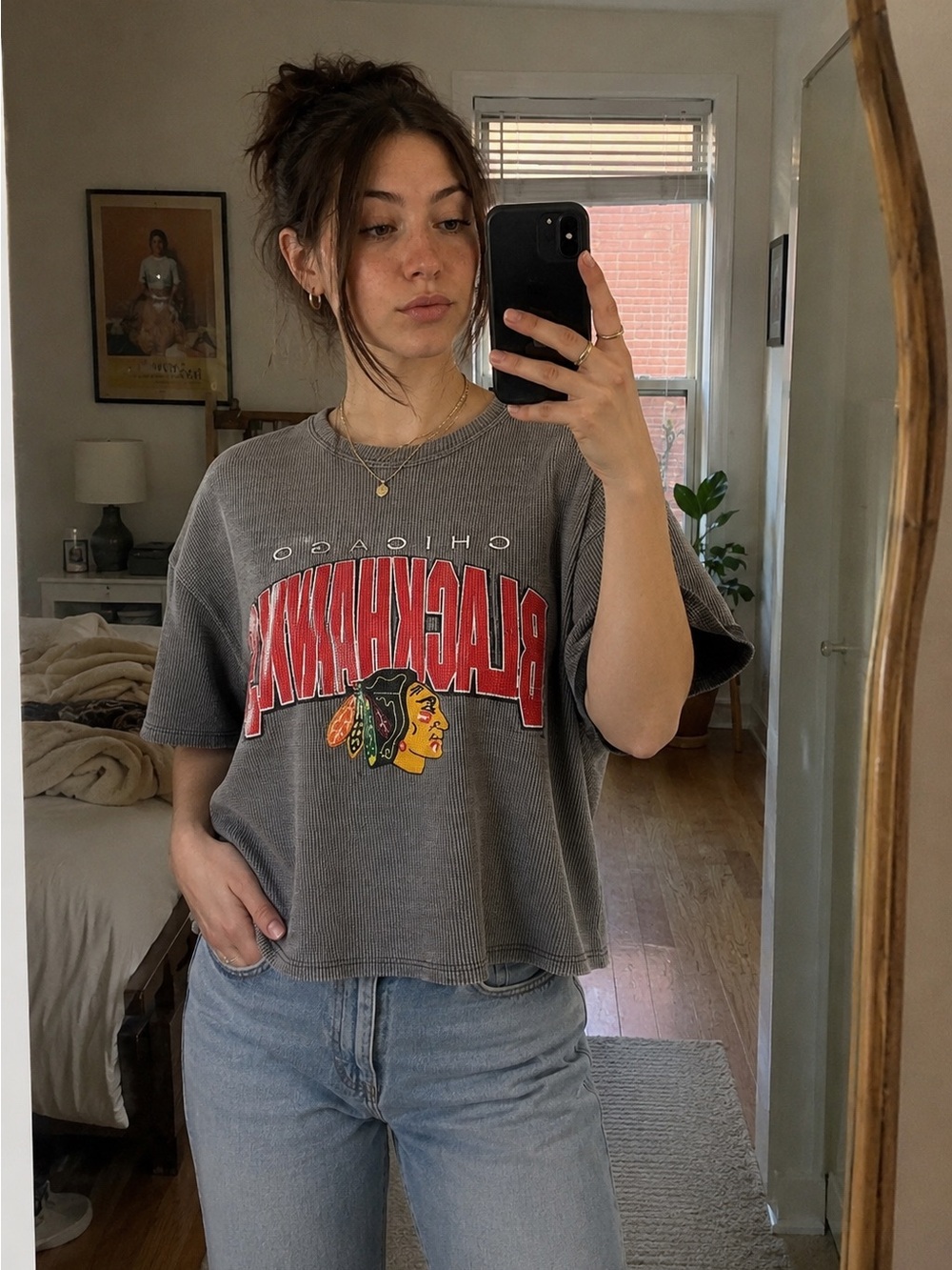 Vintage Chicago Blackhawks Graphic Waffle Thermal Knit Hockey Tee 90s Y2K